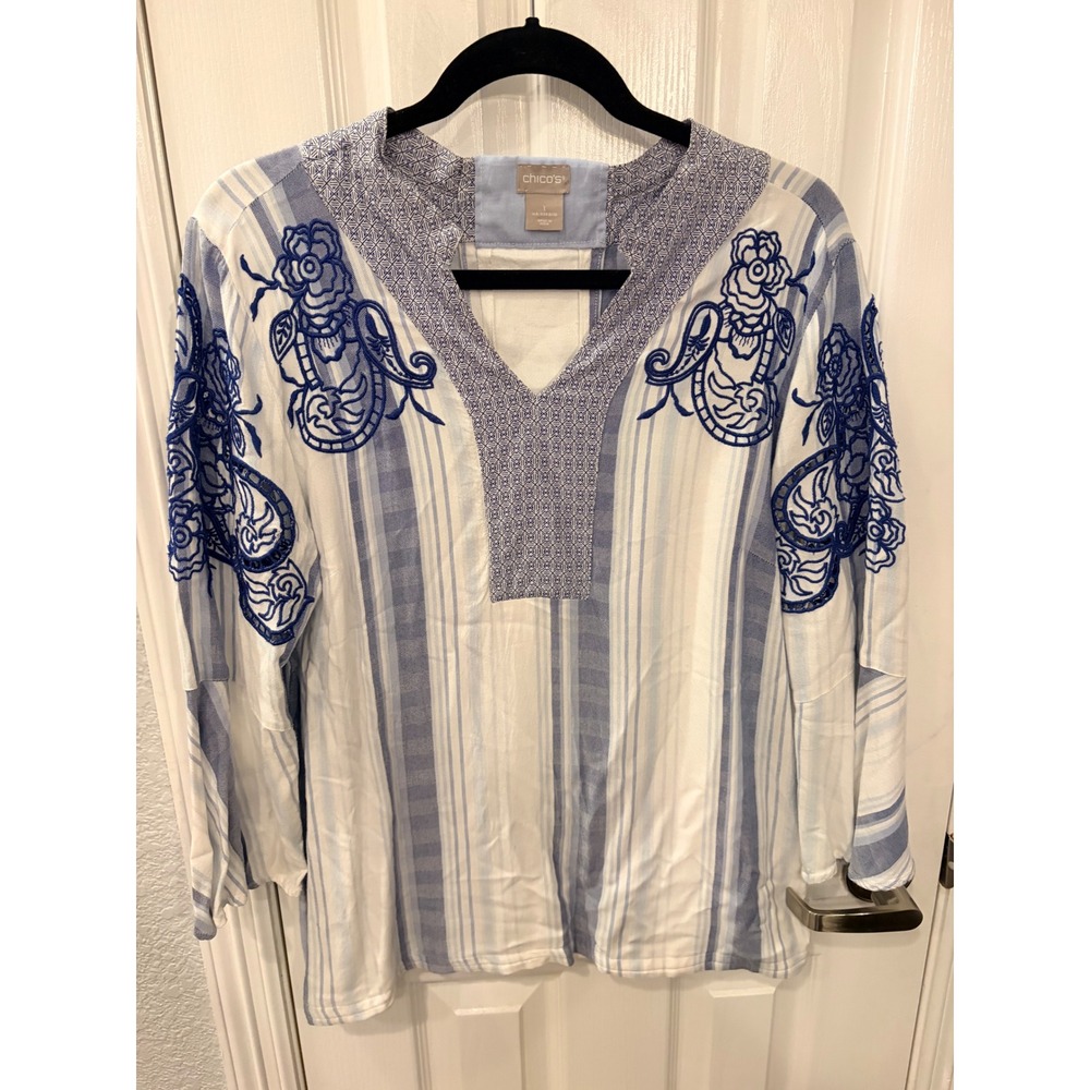 Chico's Tunic Top Blue White Striped Floral Embroidered V-Neck Boho Blouse